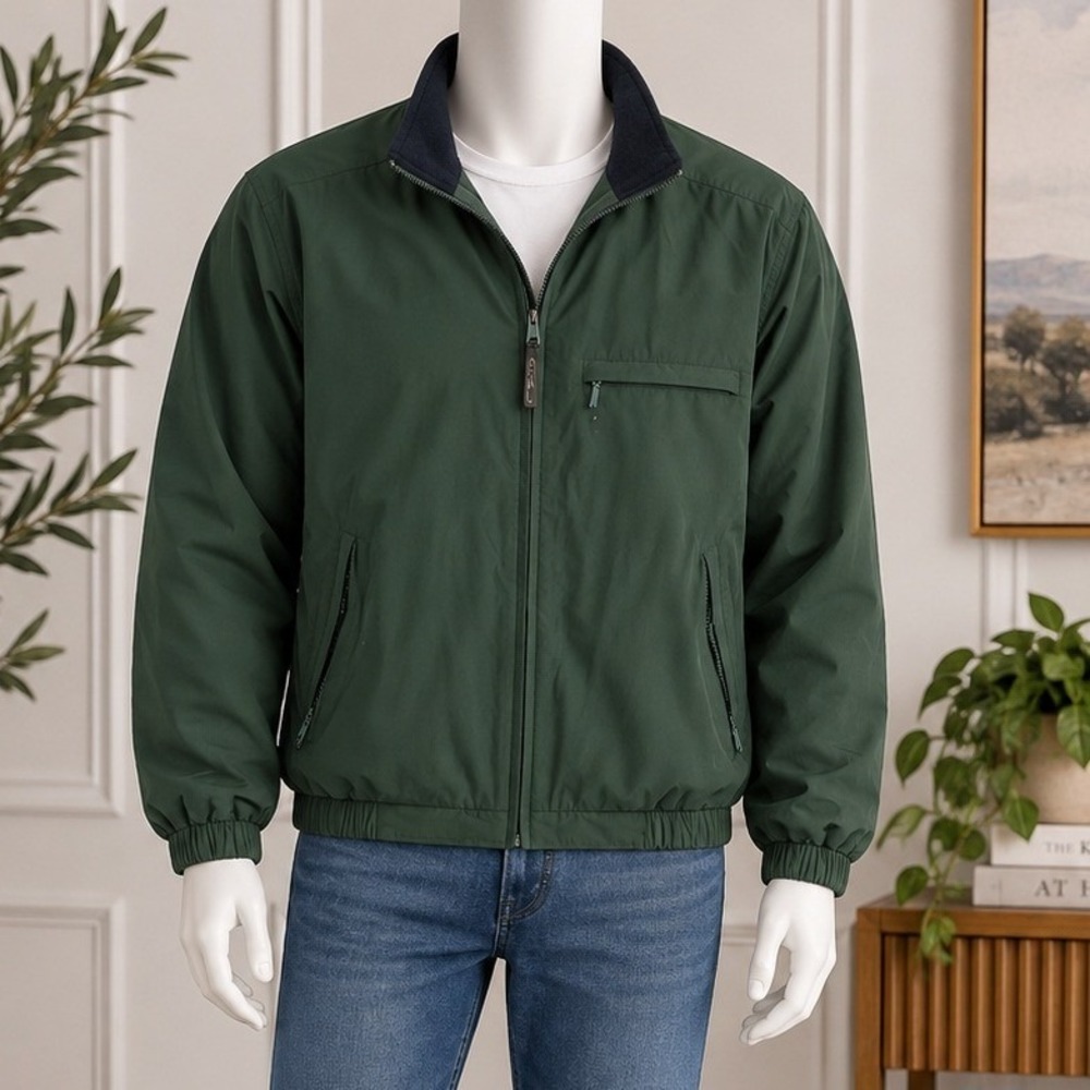 Eddie Bauer Mens Bomber Jacket Green Fleece Lined Full Zip Large